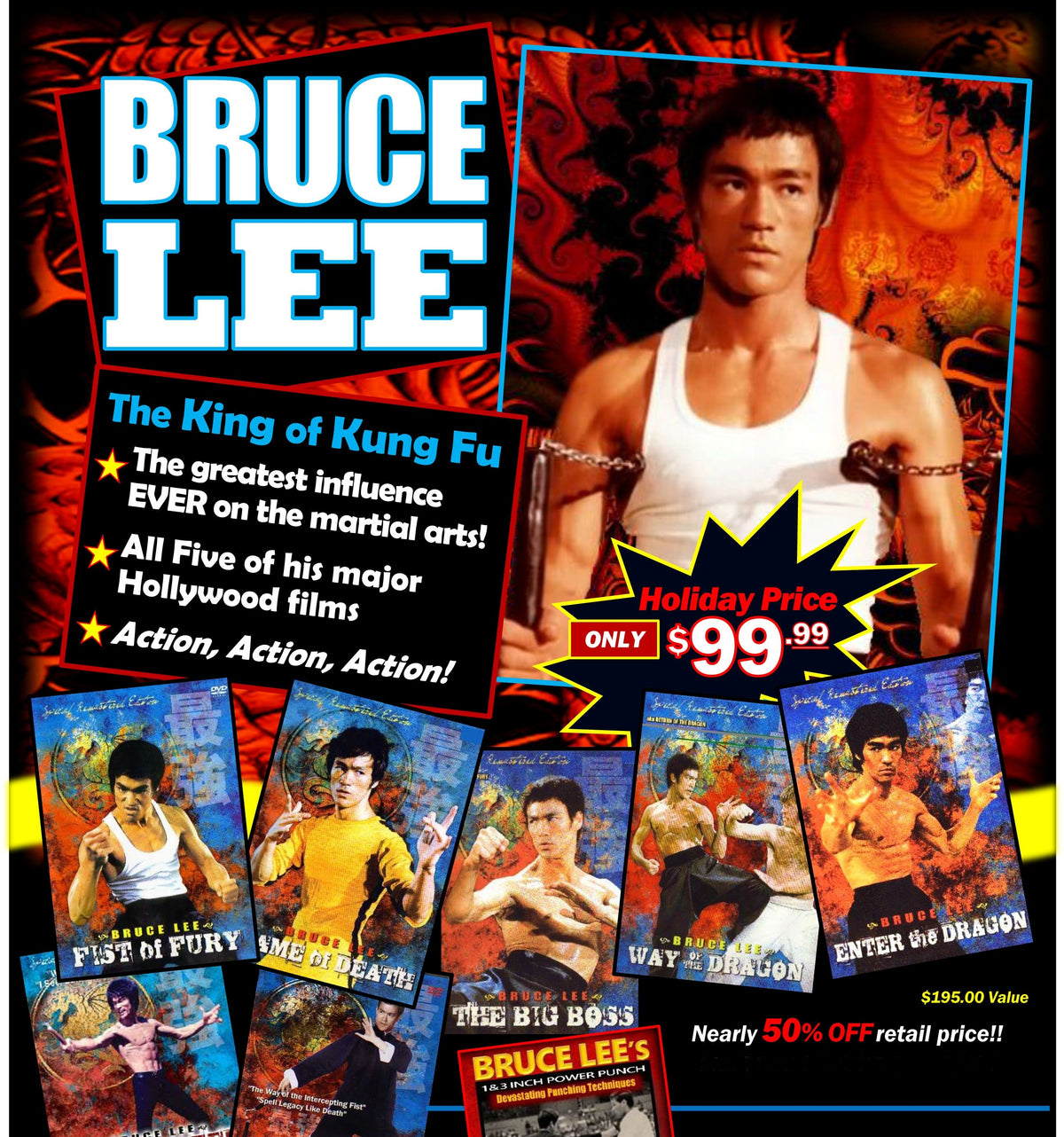6 DVD SET Bruce Lee Movies /TV Shows + Collector Magazine + 1" & 3" Power Punch DVD